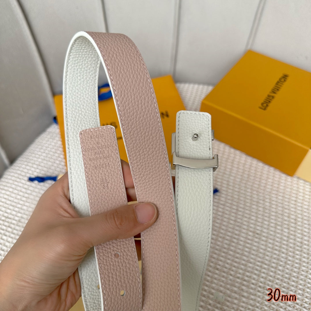 LV Initiales 30mm Reversible Belt Silver Buckle Pink White Leather - 30