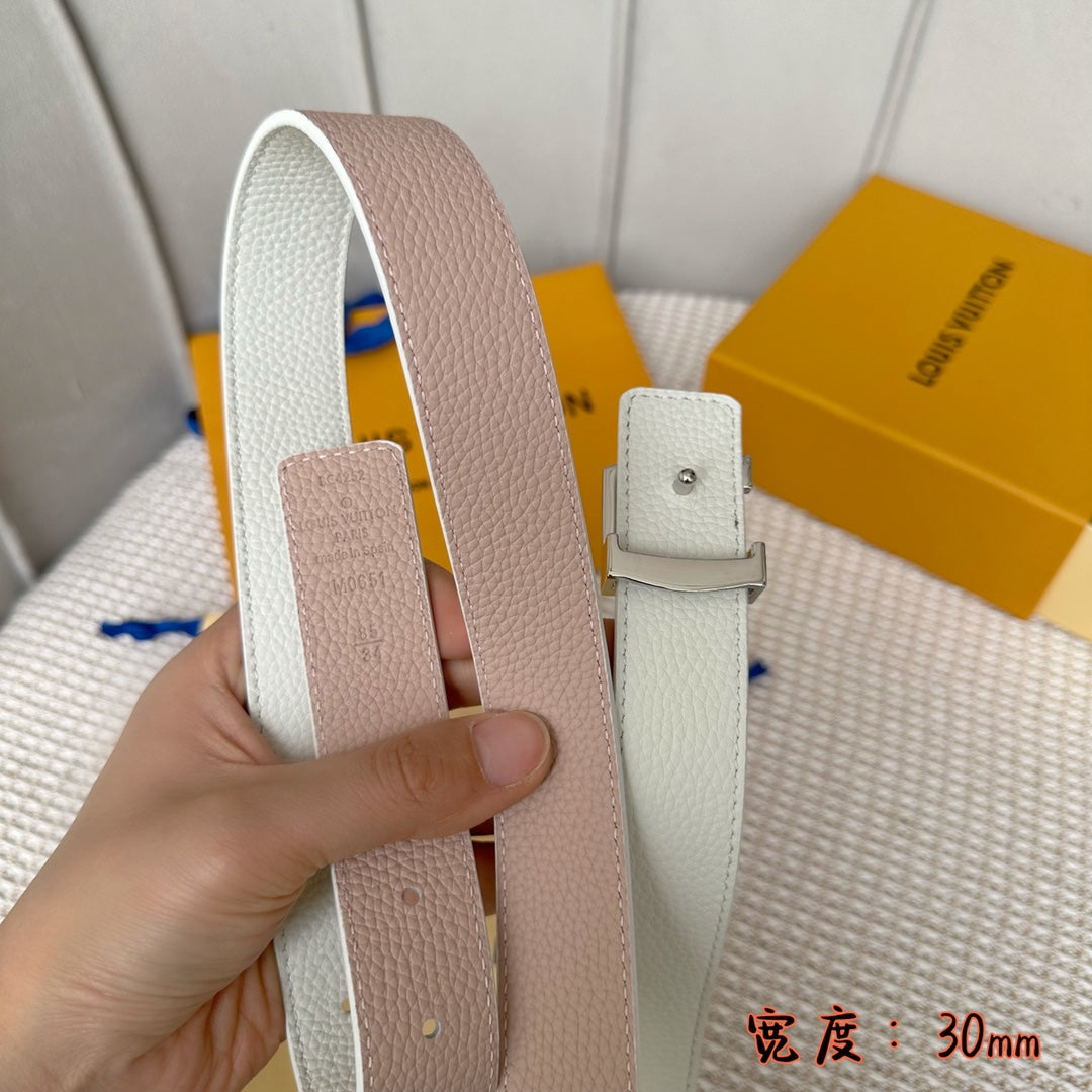 LV 30 MM BELTS IN WHITE AND PINK PASTEL CALFSKIN SILVER HARDWARE - 30