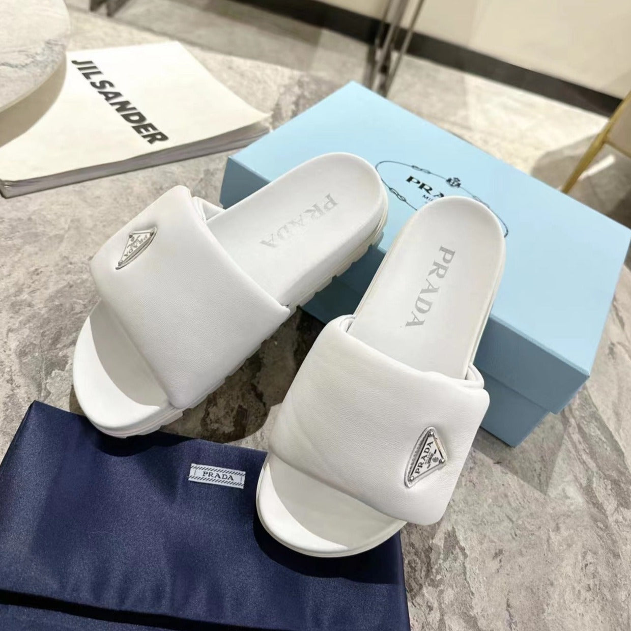 PRA SHEARLING SLIDES WHITE LAMBSKIN - 35