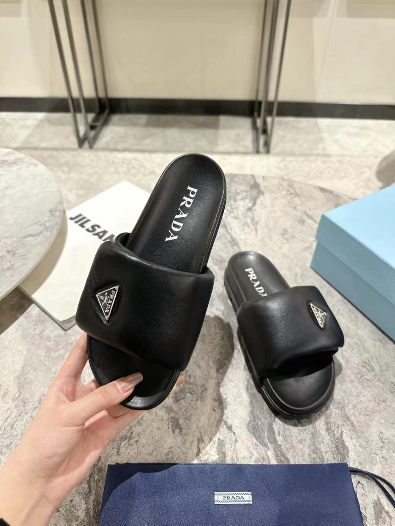PRA SHEARLING SLIDES BLACK LAMBSKIN - 35