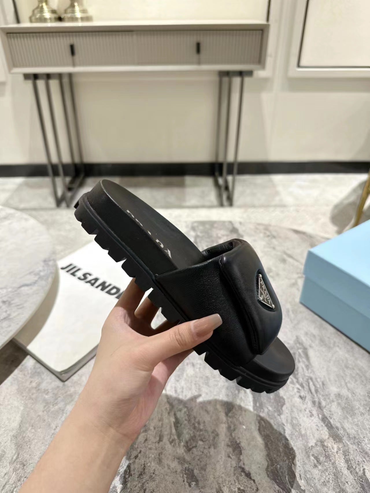PRA SHEARLING SLIDES BLACK LAMBSKIN - 35