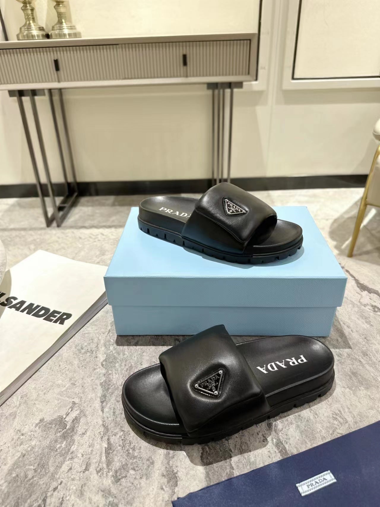 PRA SHEARLING SLIDES BLACK LAMBSKIN - 35