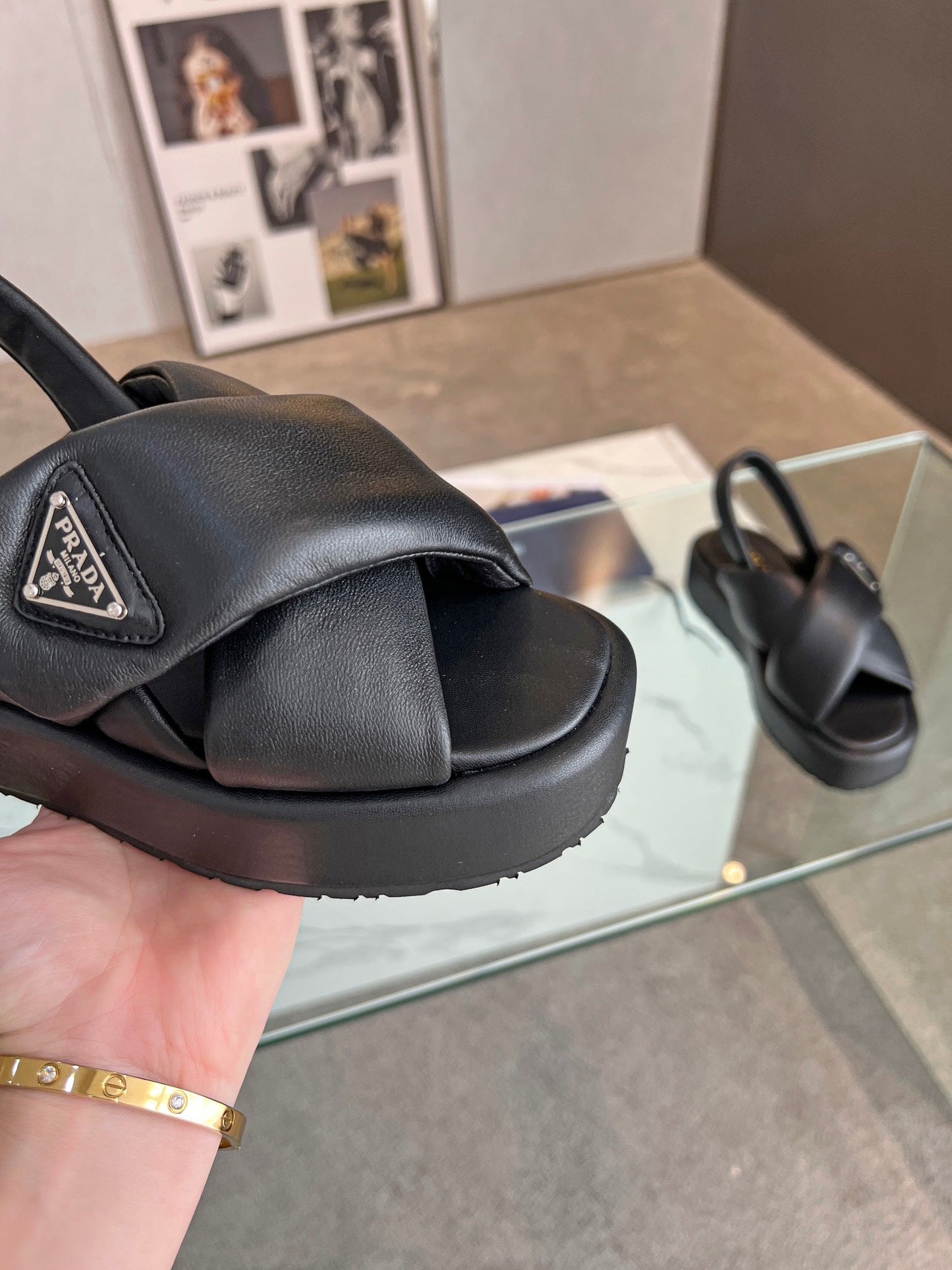 PRA PADDED NAPPA CRISSCROSS SANDALS BLACK LAMBSKIN - 35