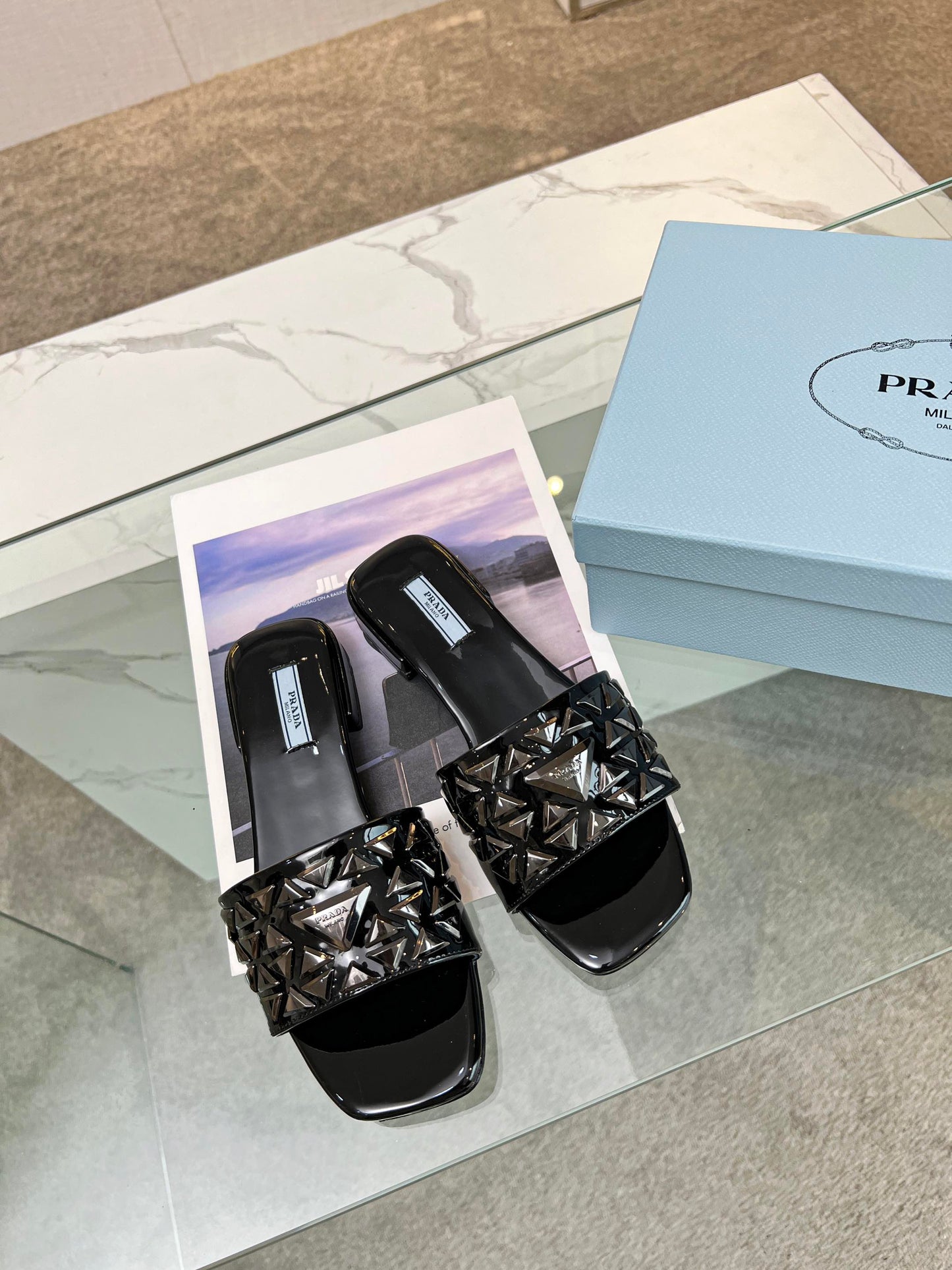 PRA EMBROIDERED SLIDES FLAT BLACK CALFSKIN - 35