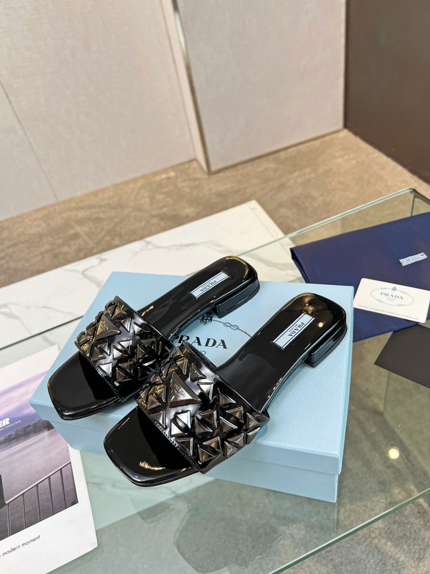 PRA EMBROIDERED SLIDES FLAT BLACK CALFSKIN - 35