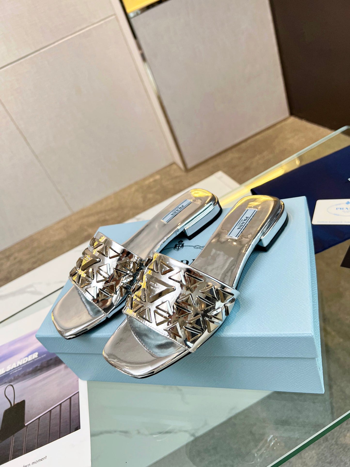 PRA EMBROIDERED SLIDES FLAT SILVER CALFSKIN - 35