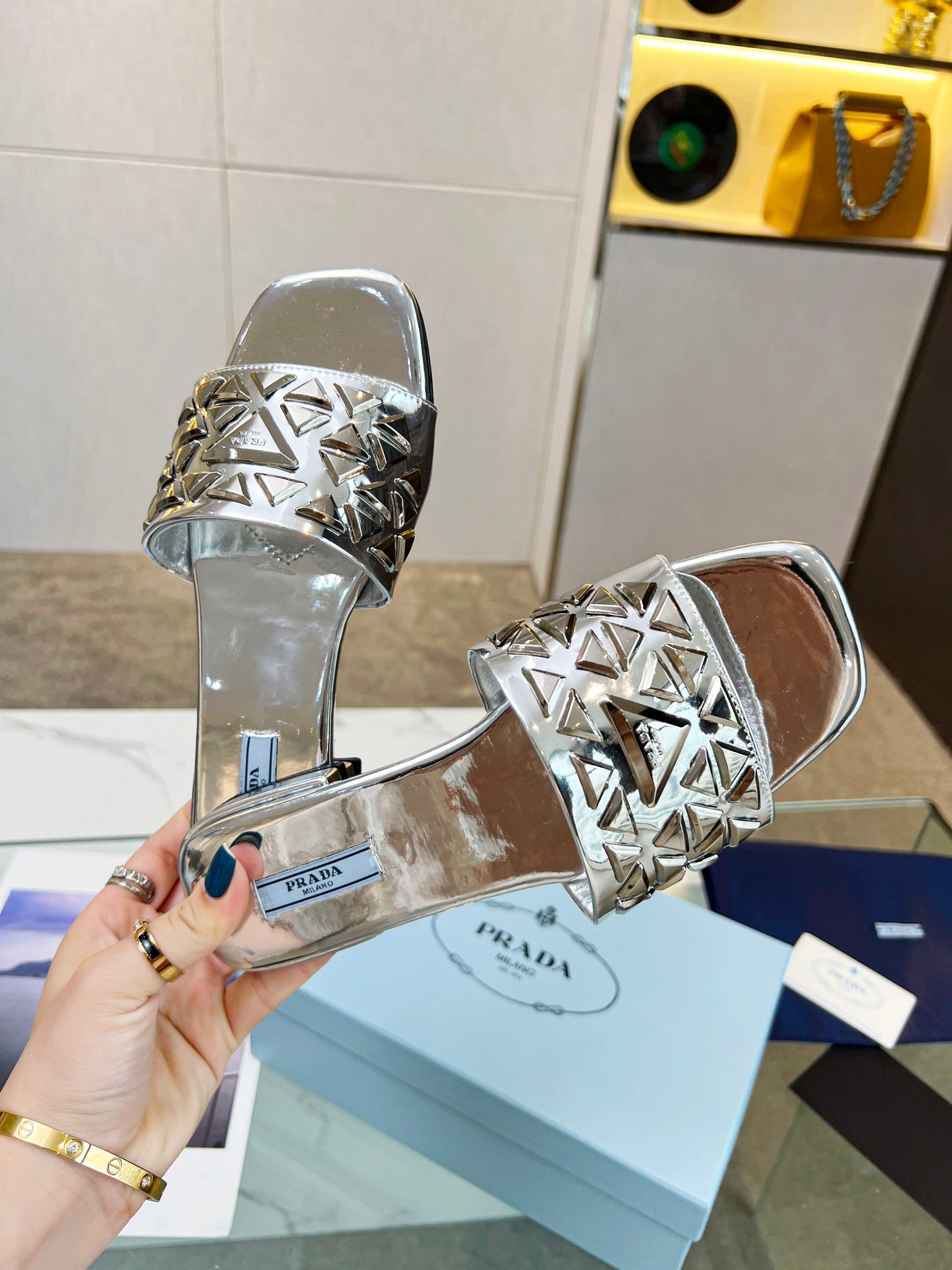 PRA EMBROIDERED SLIDES FLAT SILVER CALFSKIN - 35