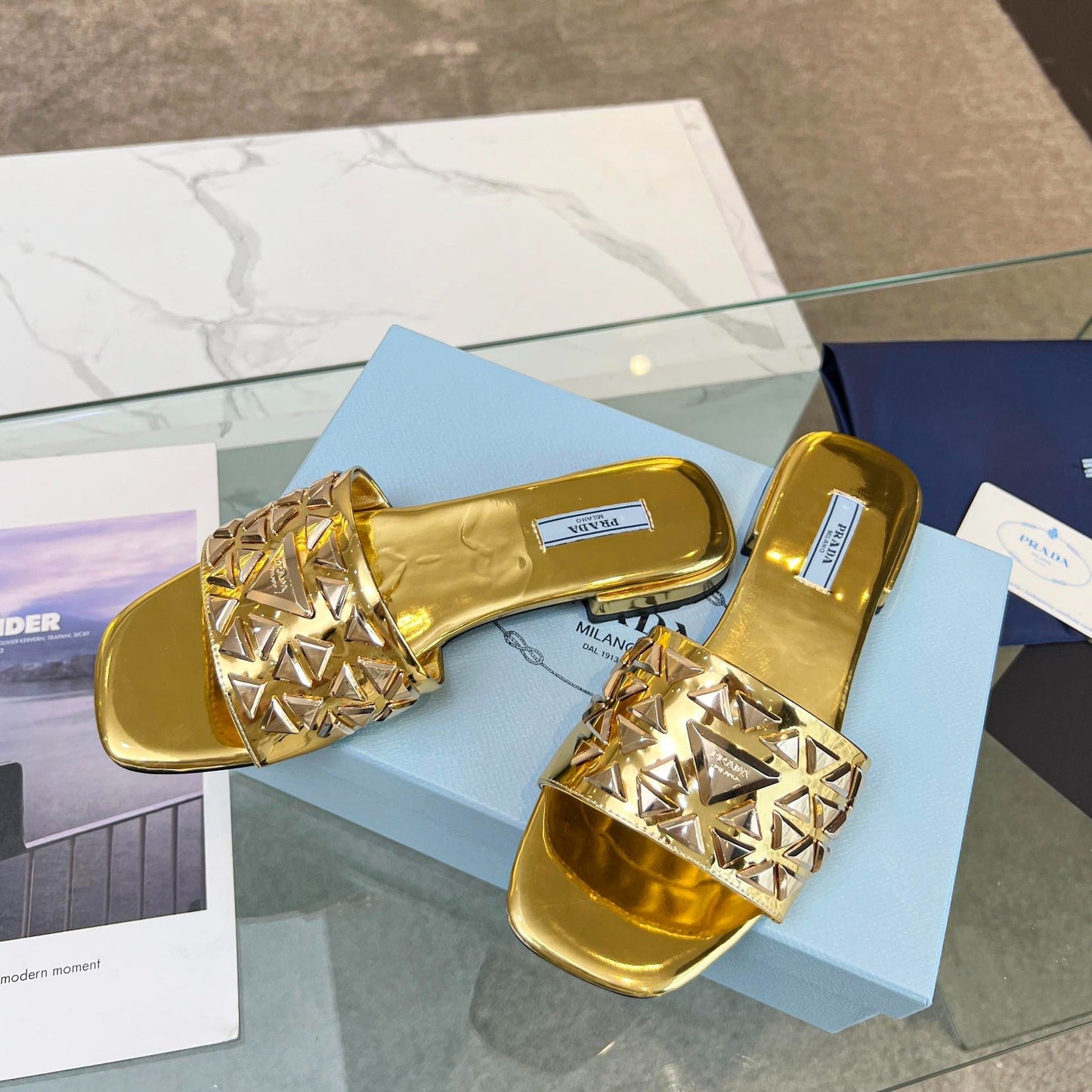 PRA EMBROIDERED SLIDES FLAT METALLIC GOLD CALFSKIN - 35