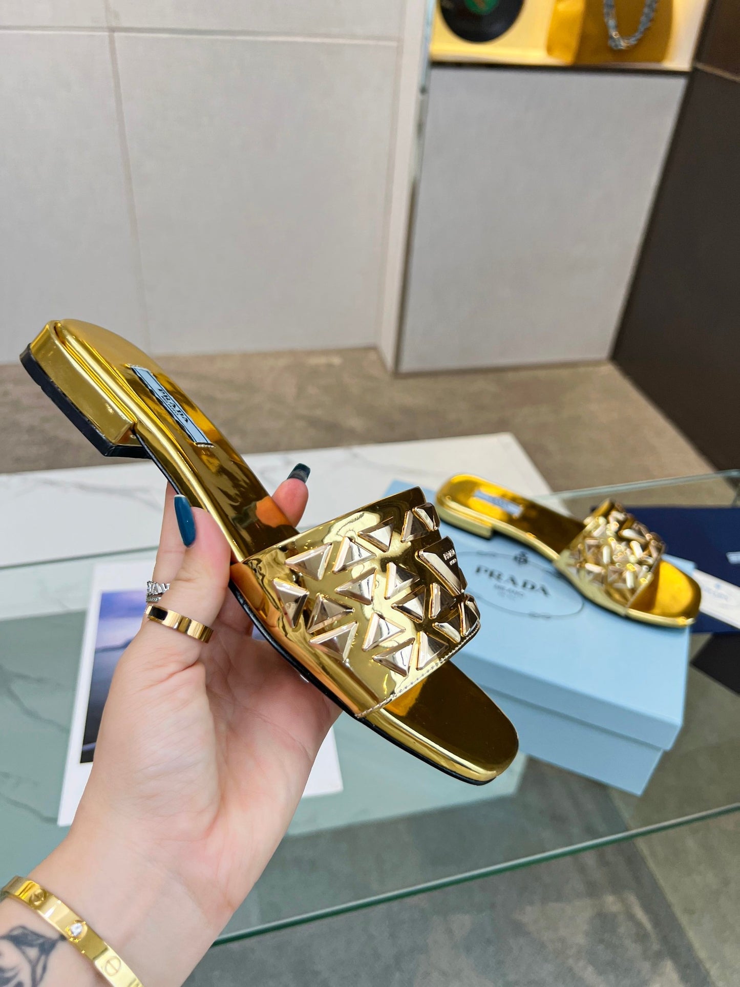 PRA EMBROIDERED SLIDES FLAT METALLIC GOLD CALFSKIN - 35