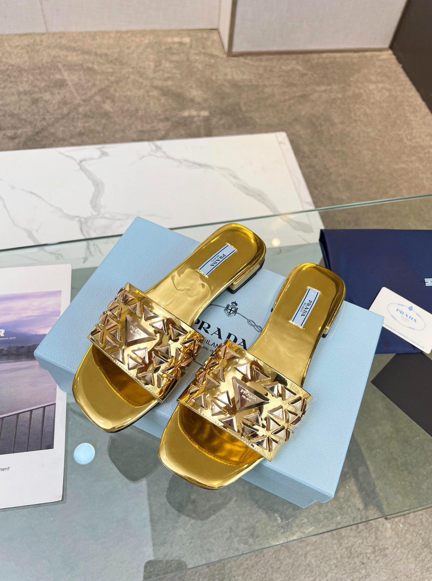 PRA EMBROIDERED SLIDES FLAT METALLIC GOLD CALFSKIN - 35