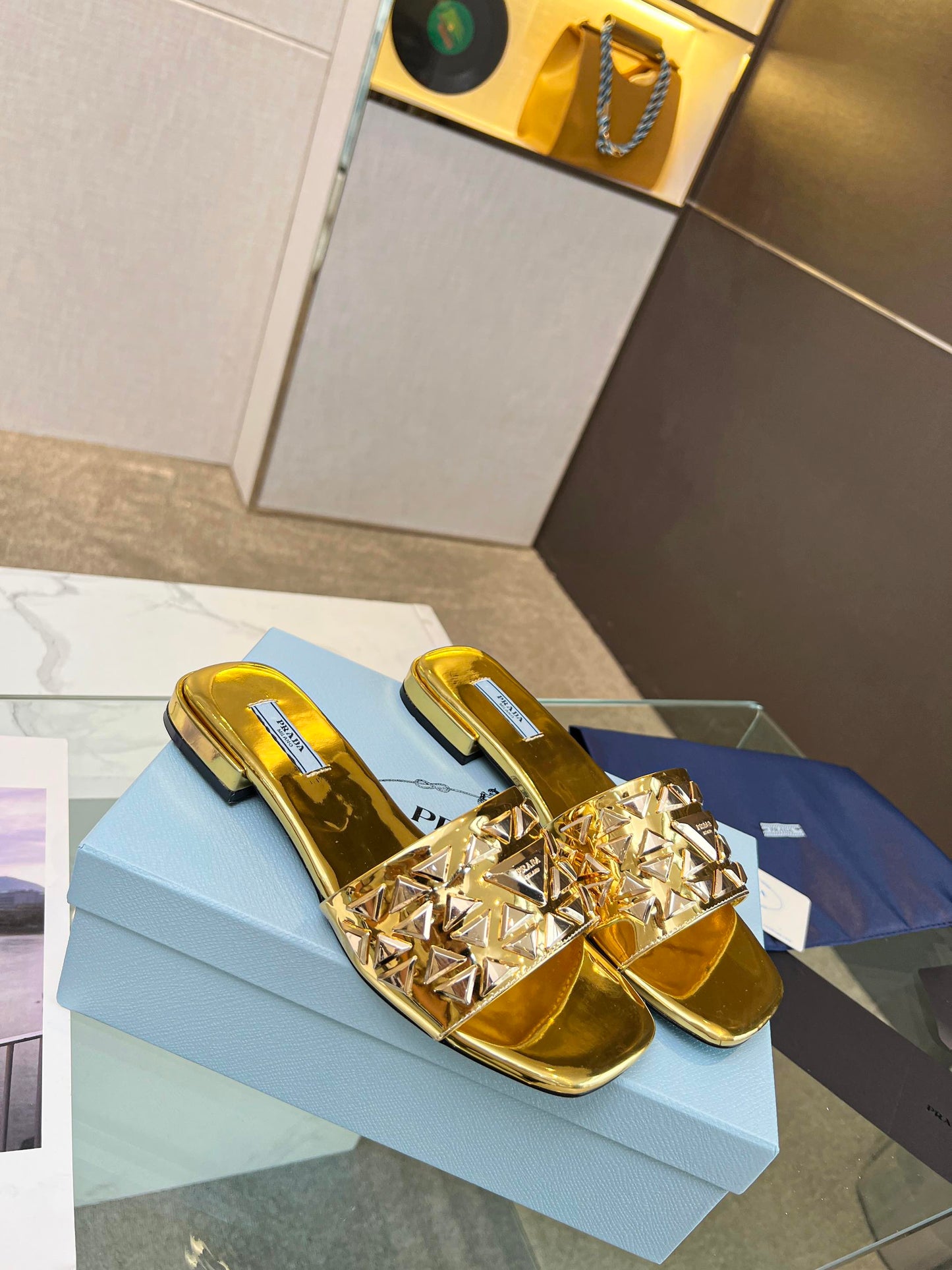 PRA EMBROIDERED SLIDES FLAT METALLIC GOLD CALFSKIN - 35