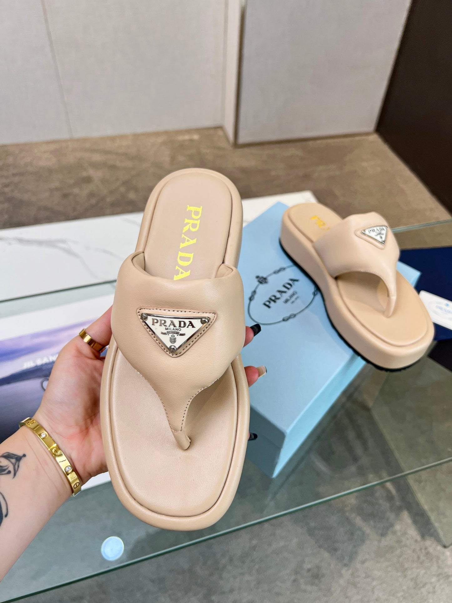 PRA SOFT PADDED NAPPA THONG WEDGE SANDALS TUSCAN LAMBSKIN - 35