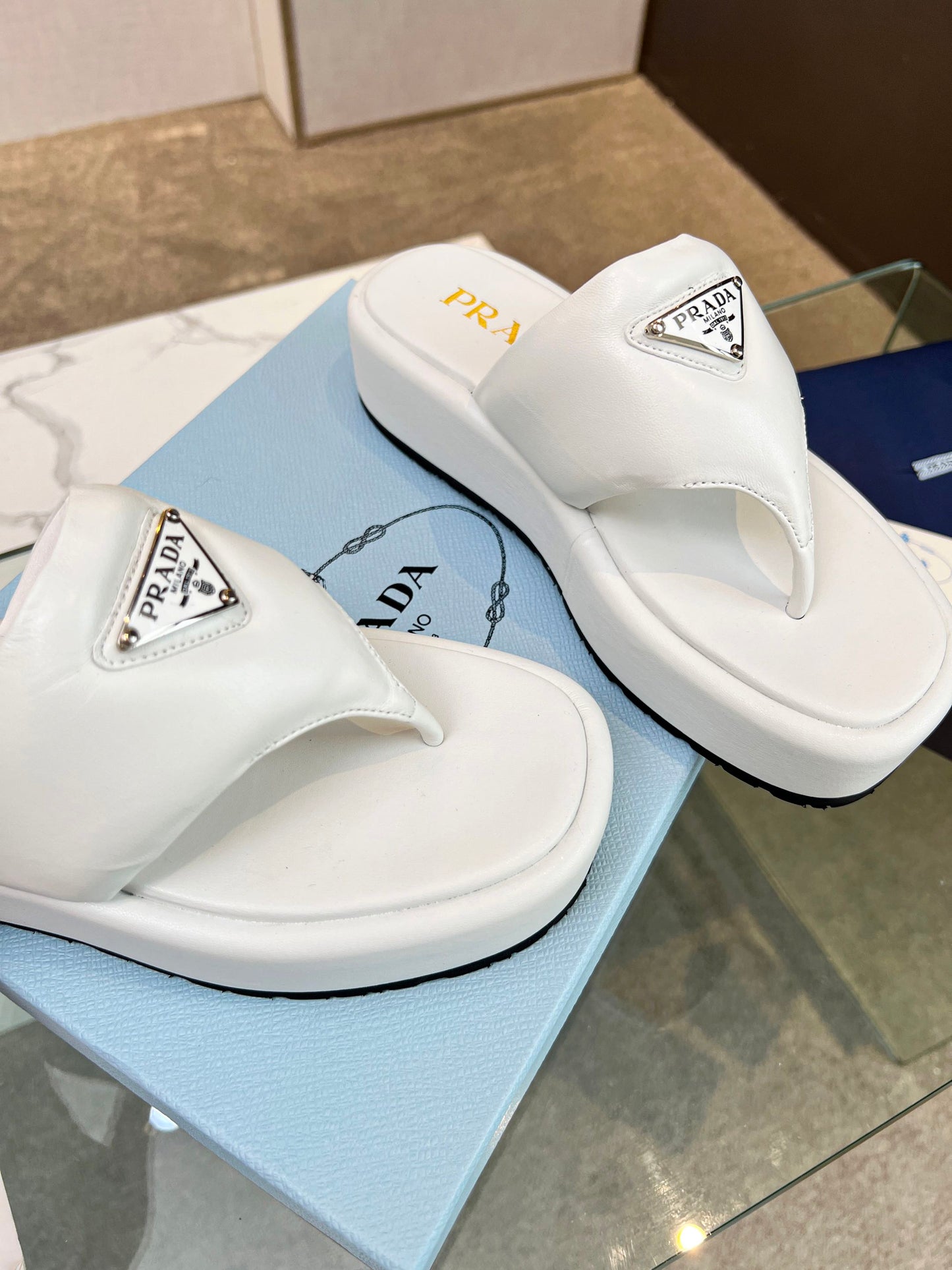 PRA SOFT PADDED NAPPA THONG WEDGE SANDALS WHITE LAMBSKIN - 35