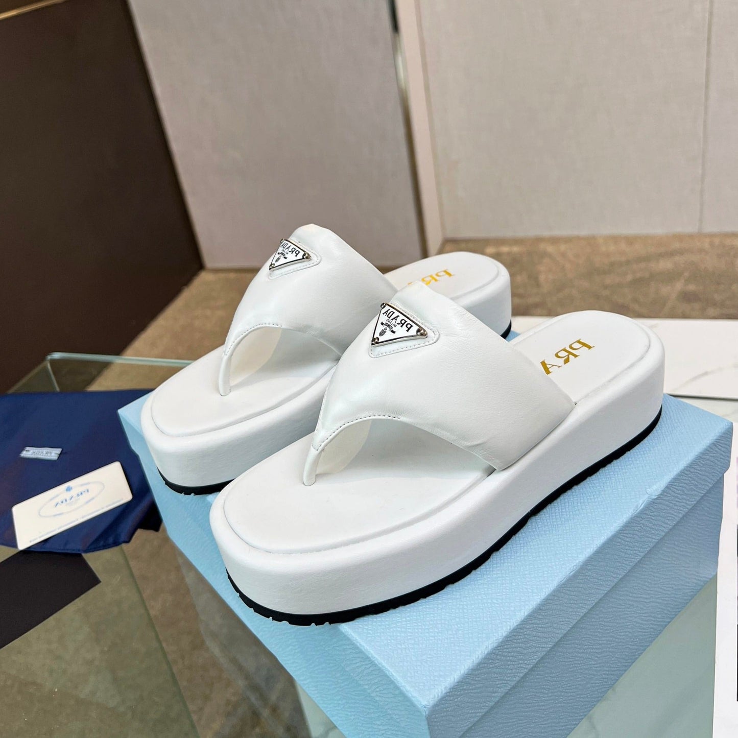 PRA SOFT PADDED NAPPA THONG WEDGE SANDALS WHITE LAMBSKIN - 35