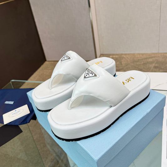 PRA SOFT PADDED NAPPA THONG WEDGE SANDALS WHITE LAMBSKIN - 35