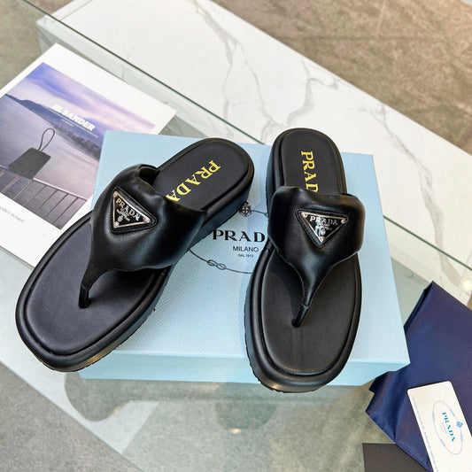 PRA SOFT PADDED NAPPA THONG WEDGE SANDALS BLACK LAMBSKIN - 35