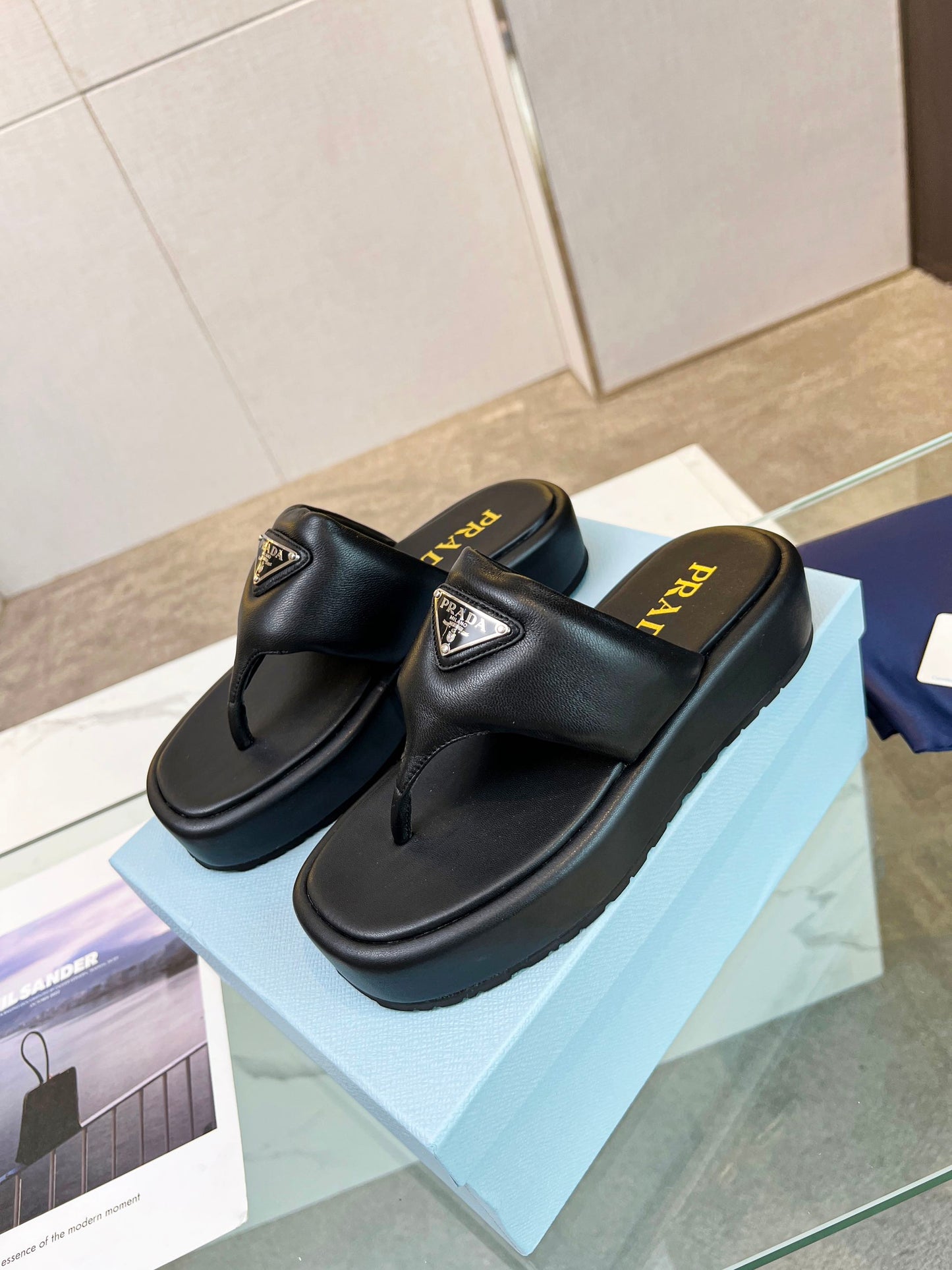 PRA SOFT PADDED NAPPA THONG WEDGE SANDALS BLACK LAMBSKIN - 35