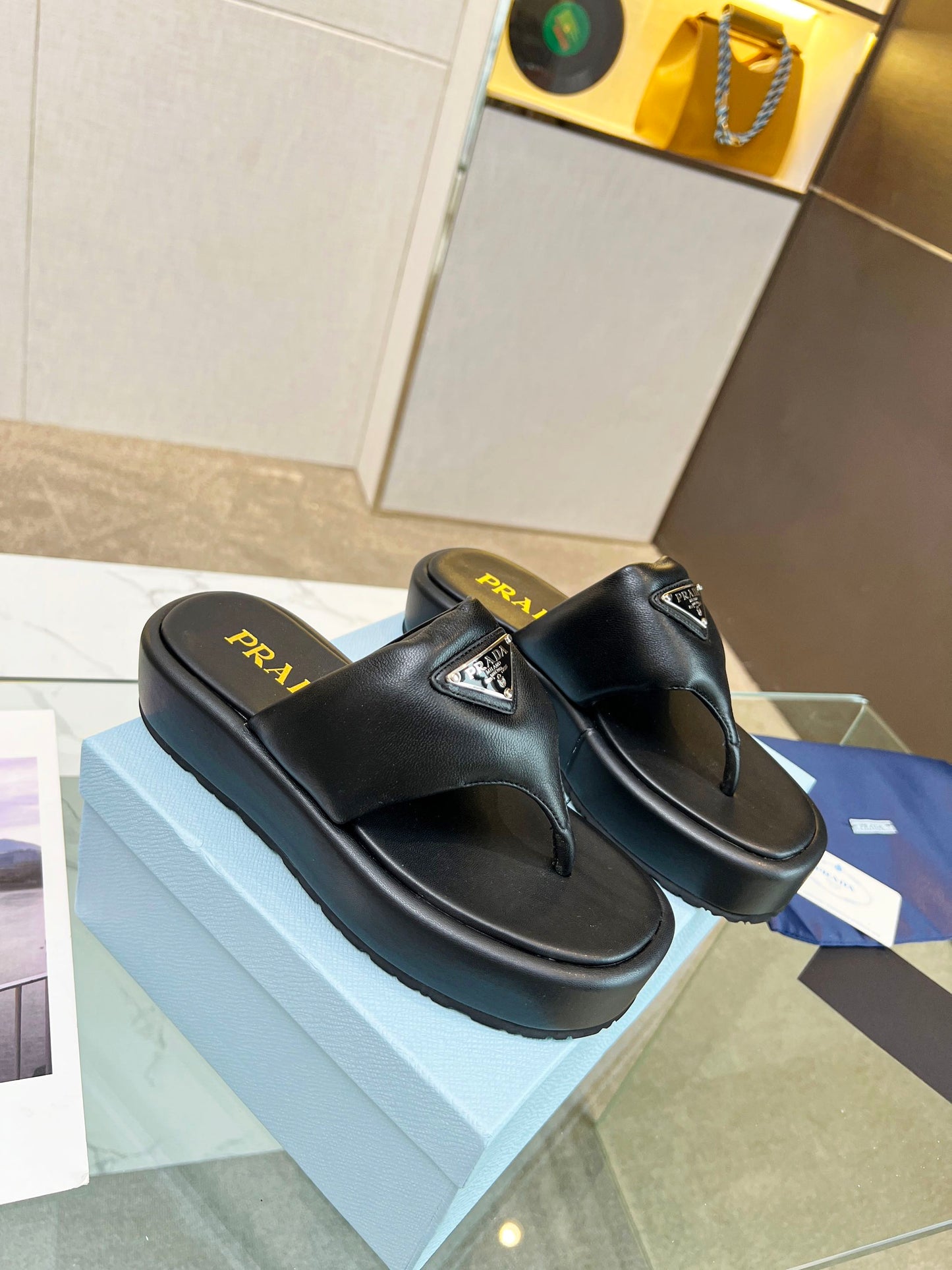 PRA SOFT PADDED NAPPA THONG WEDGE SANDALS BLACK LAMBSKIN - 35