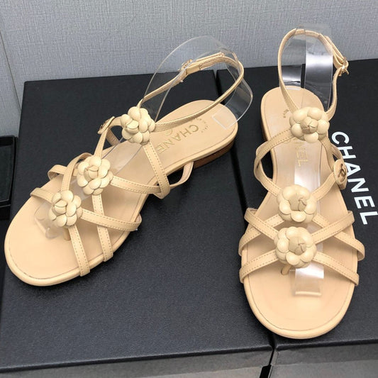 FLORAL FLAT SANDAL IN SAND YELLOW LAMBSKIN - 35