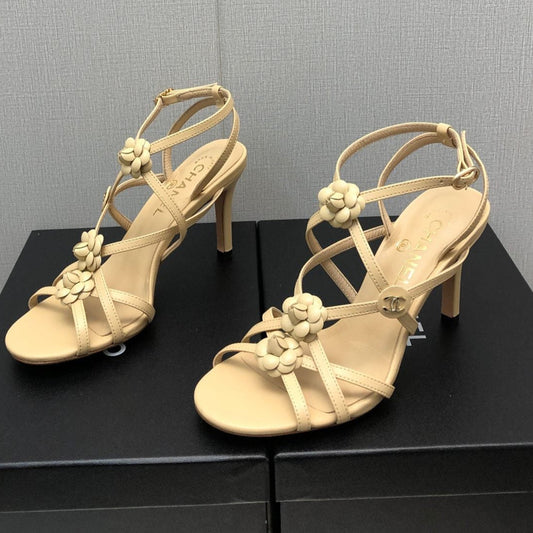 FLORAL HIGH HEEL SANDAL IN SAND YELLOW LAMBSKIN - 35