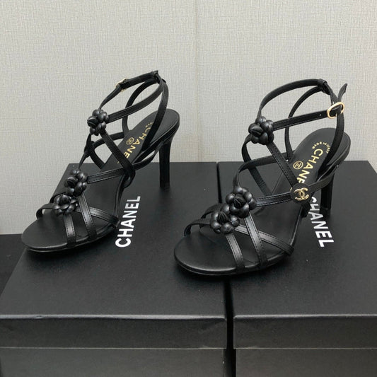 FLORAL HIGH HEEL SANDAL IN BLACK LAMBSKIN - 35