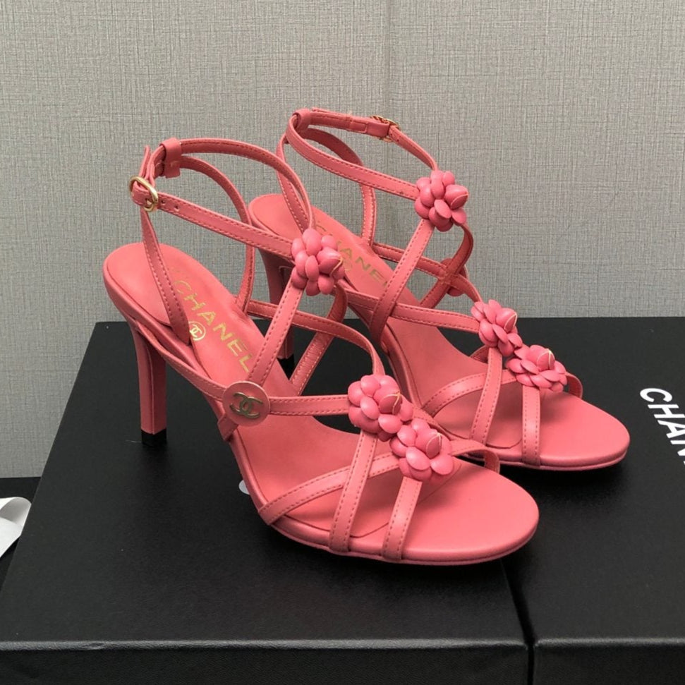 FLORAL HIGH HEEL SANDAL IN DARK PINK LAMBSKIN - 35