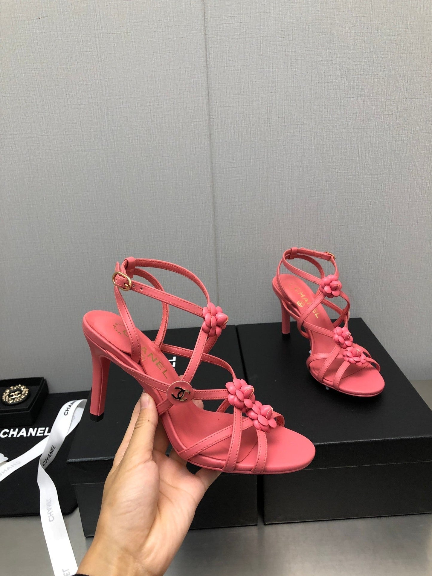 FLORAL HIGH HEEL SANDAL IN DARK PINK LAMBSKIN - 35
