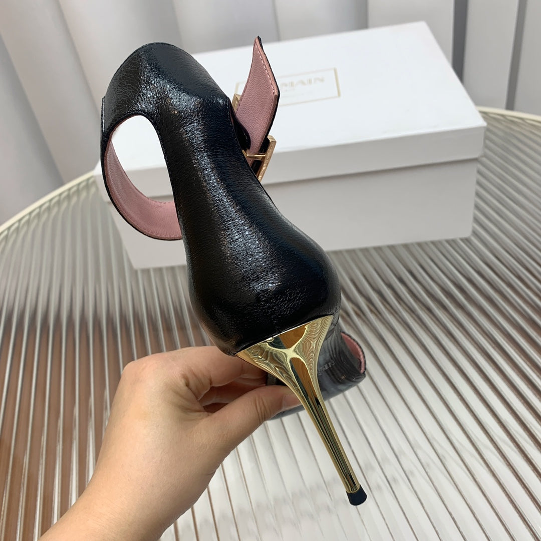 BALMAIN 25S B STRAP HIGH HEEL SANDALS 95MM IN BLACK GLOSSY CALFSKIN - 35