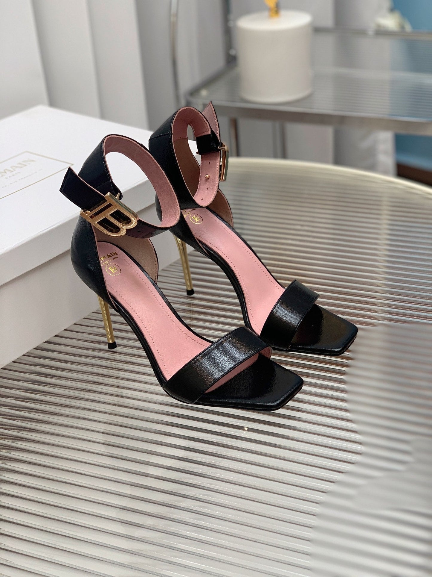 BALMAIN 25S B STRAP HIGH HEEL SANDALS 95MM IN BLACK GLOSSY CALFSKIN - 35