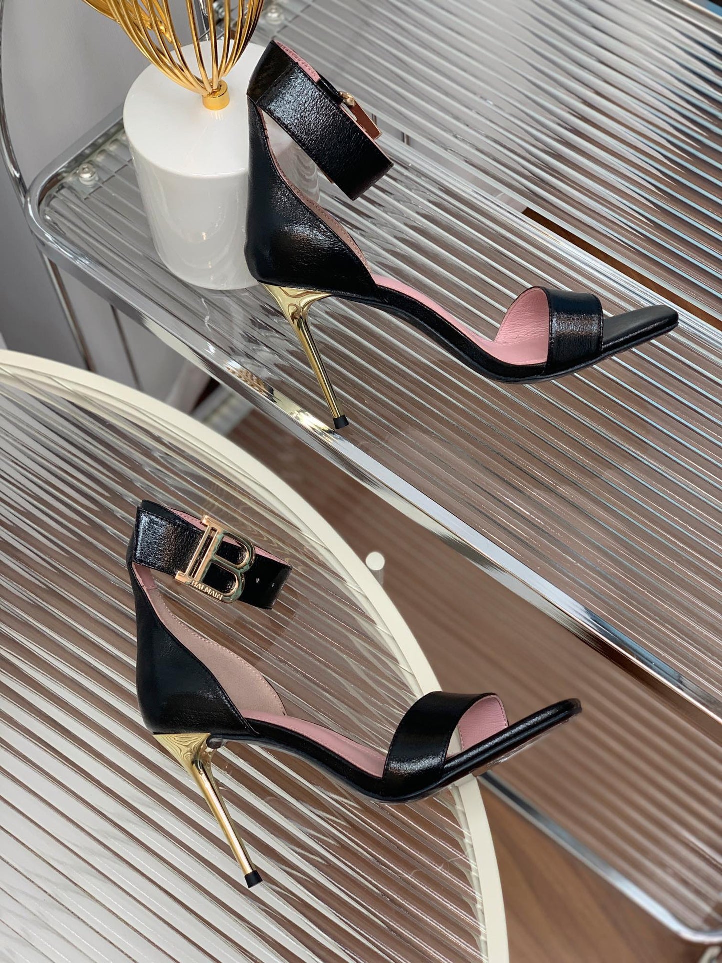 BALMAIN 25S B STRAP HIGH HEEL SANDALS 95MM IN BLACK GLOSSY CALFSKIN - 35