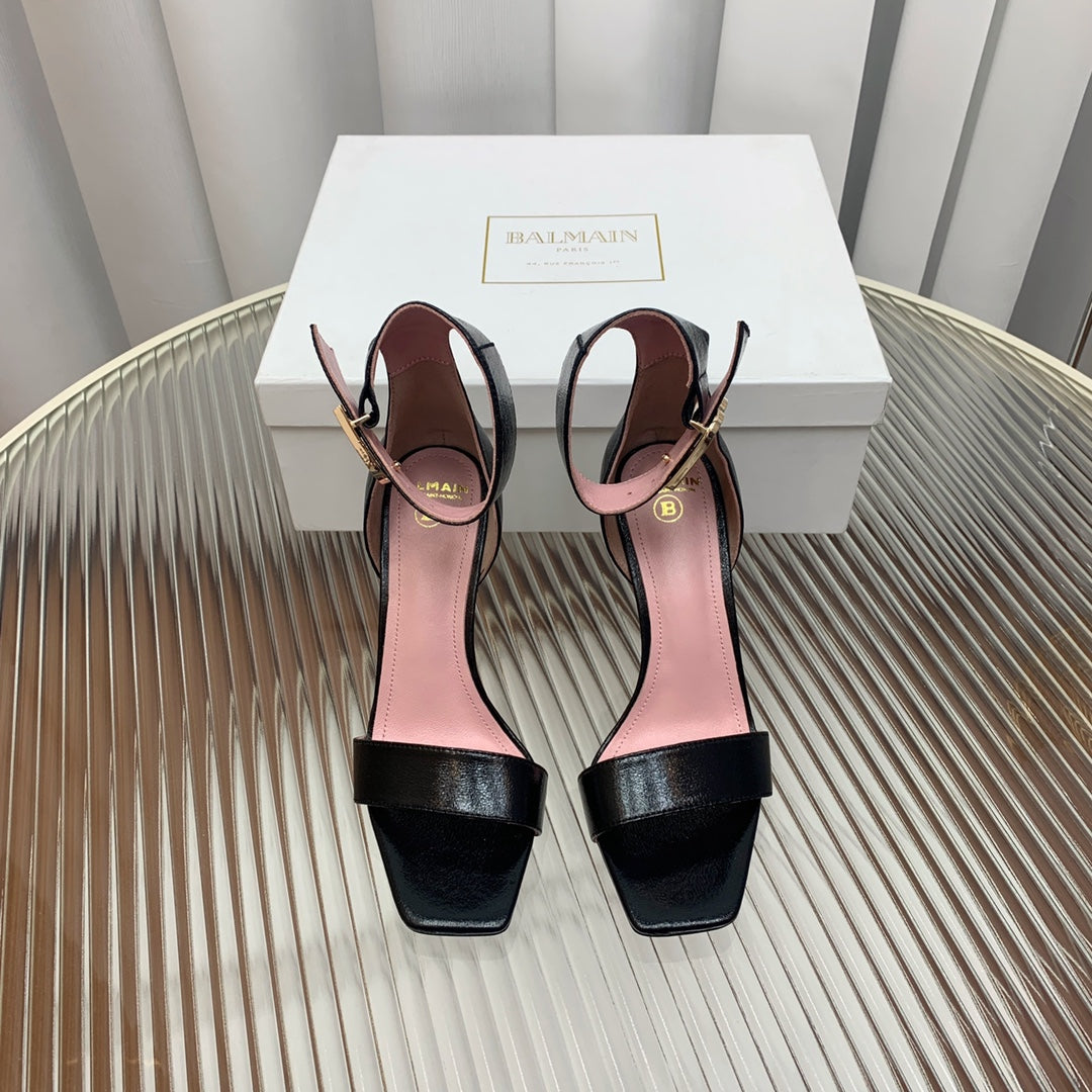 BALMAIN 25S B STRAP HIGH HEEL SANDALS 95MM IN BLACK GLOSSY CALFSKIN - 35