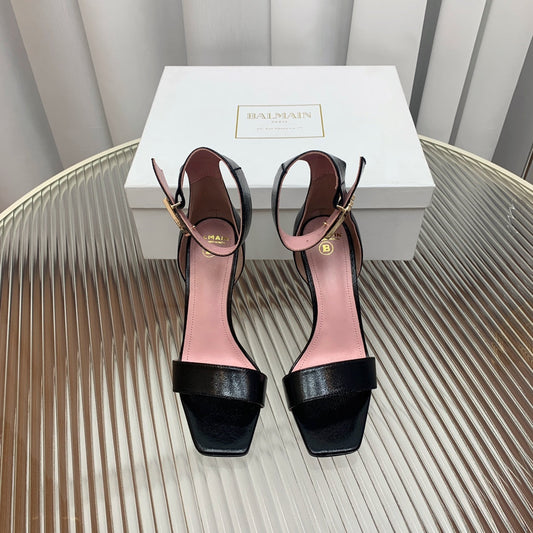 BALMAIN 25S B STRAP HIGH HEEL SANDALS 95MM IN BLACK GLOSSY CALFSKIN - 35