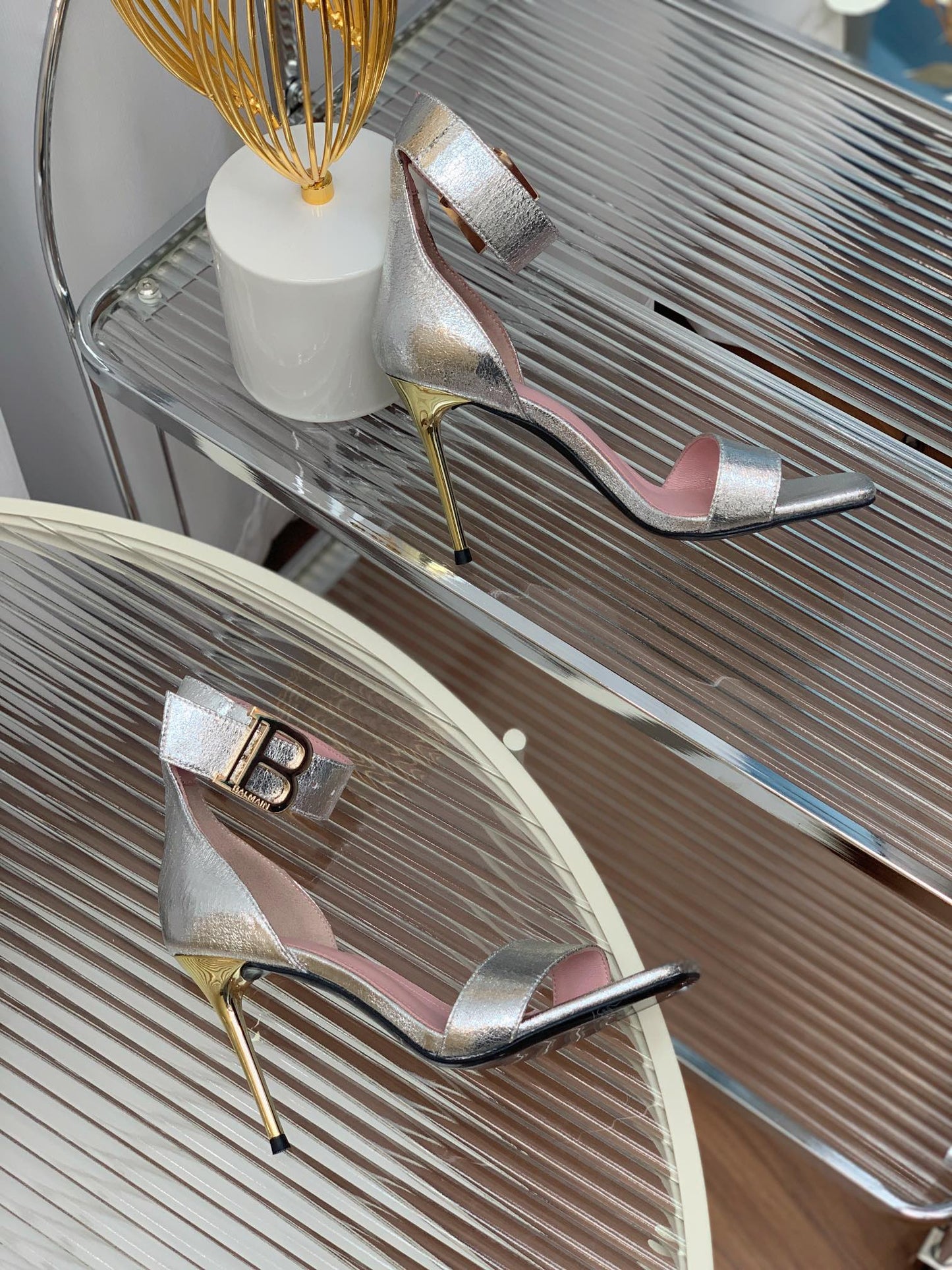 BALMAIN 25S B STRAP HIGH HEEL SANDALS 95MM IN SILVER CALFSKIN - 35