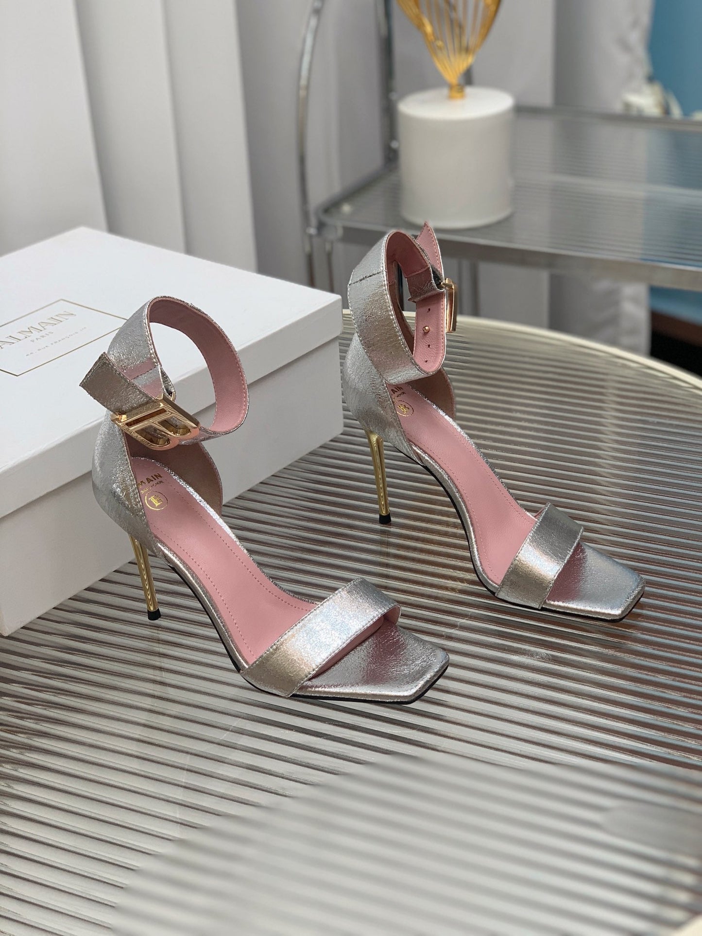 BALMAIN 25S B STRAP HIGH HEEL SANDALS 95MM IN SILVER CALFSKIN - 35