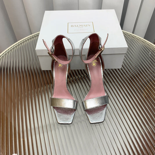 BALMAIN 25S B STRAP HIGH HEEL SANDALS 95MM IN SILVER CALFSKIN - 35