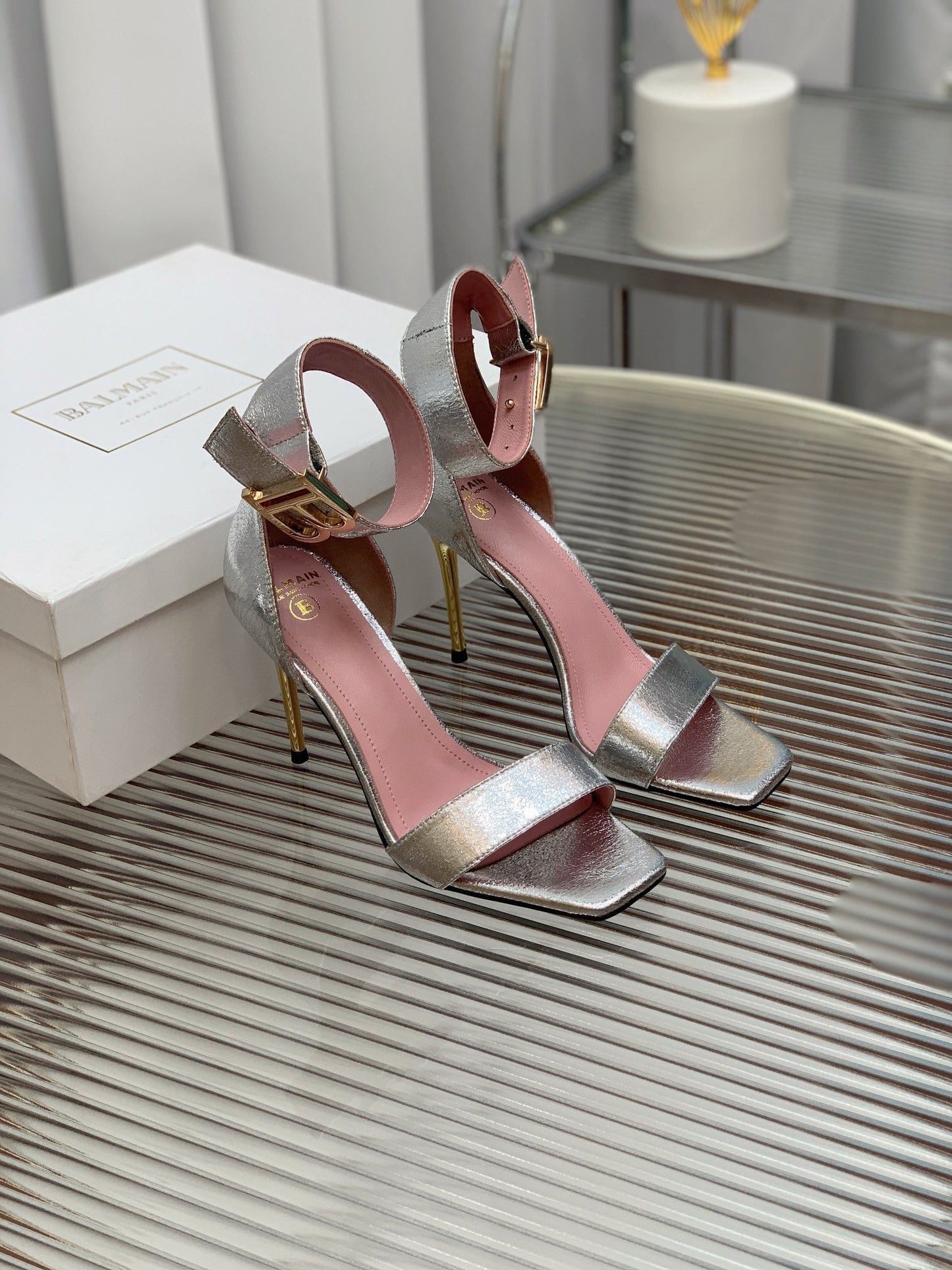 BALMAIN 25S B STRAP HIGH HEEL SANDALS 95MM IN SILVER CALFSKIN - 35
