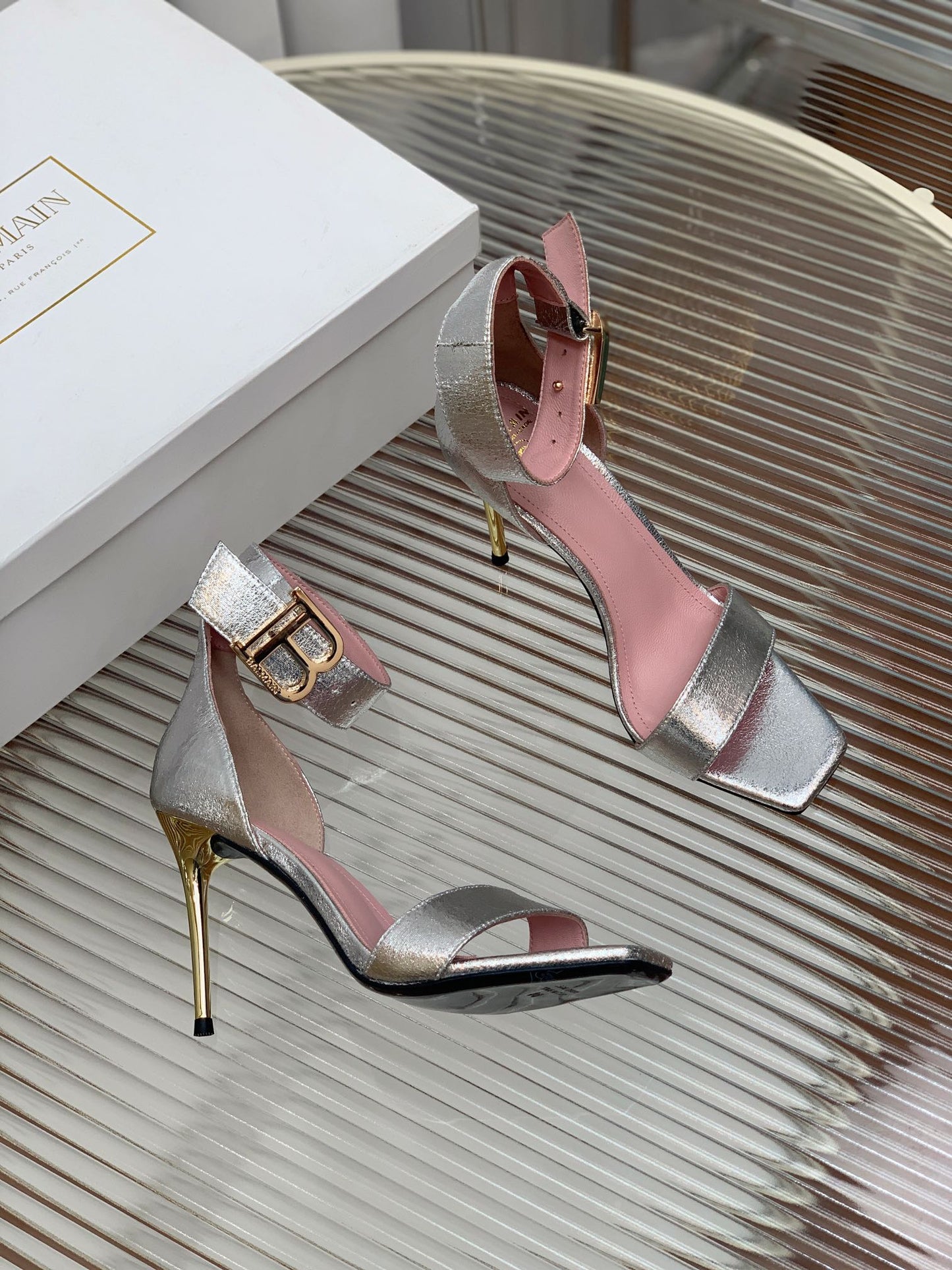 BALMAIN 25S B STRAP HIGH HEEL SANDALS 95MM IN SILVER CALFSKIN - 35