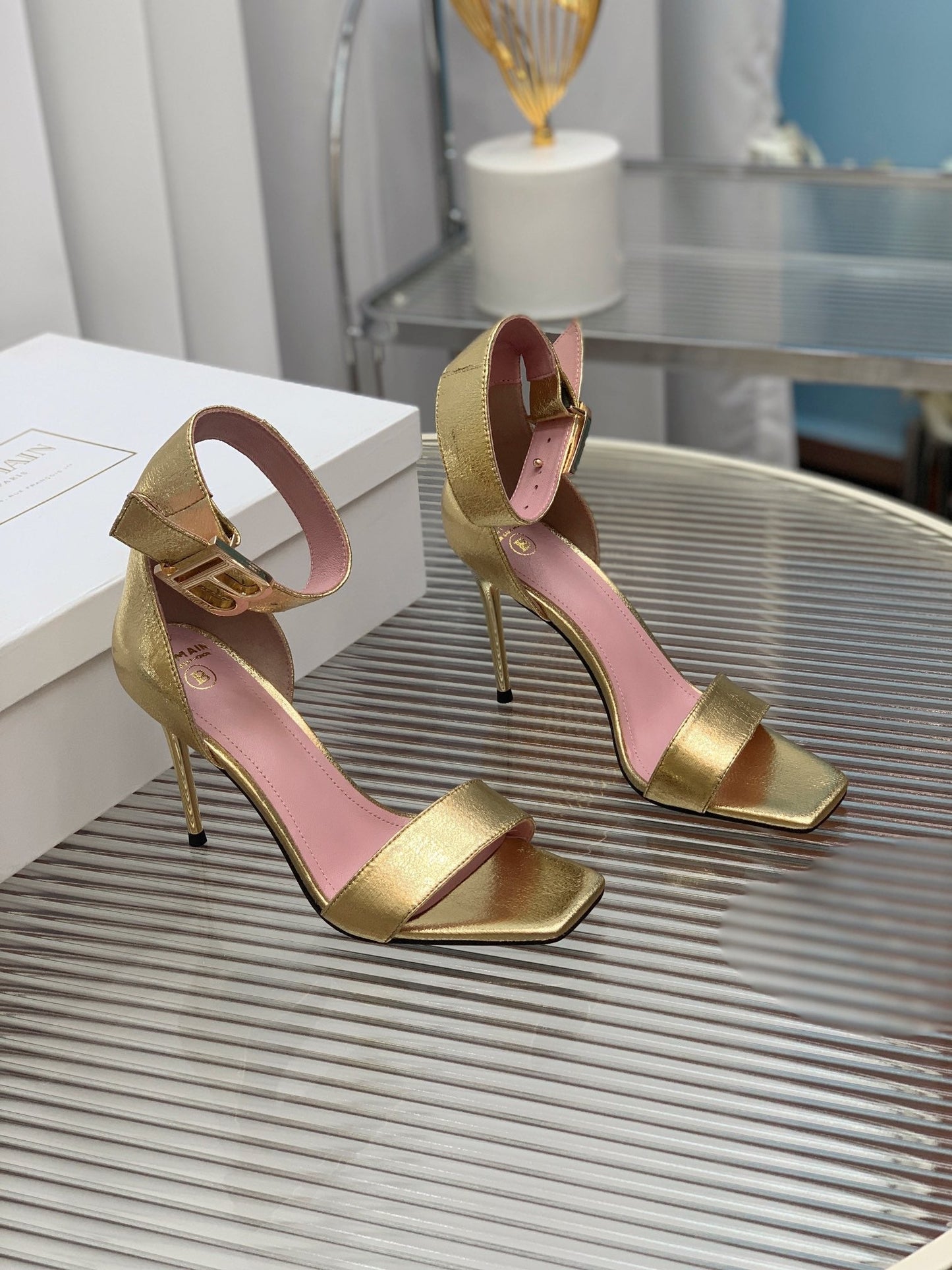 BALMAIN 25S B STRAP HIGH HEEL SANDALS 95MM IN GOLD CALFSKIN - 35