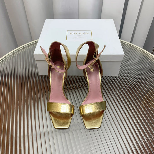 BALMAIN 25S B STRAP HIGH HEEL SANDALS 95MM IN GOLD CALFSKIN - 35