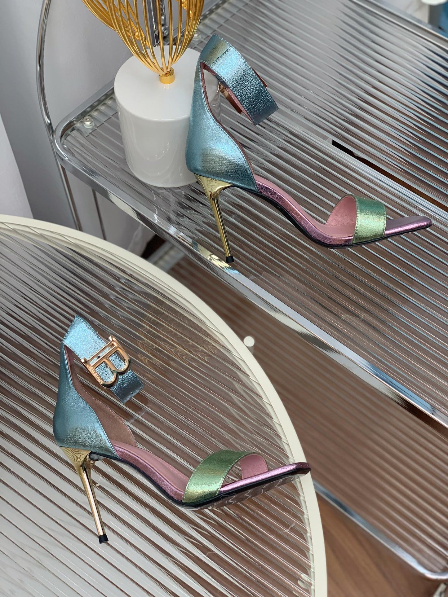BALMAIN 25S B STRAP HIGH HEEL SANDALS 95MM IN MULTICOLOR CALFSKIN - 35