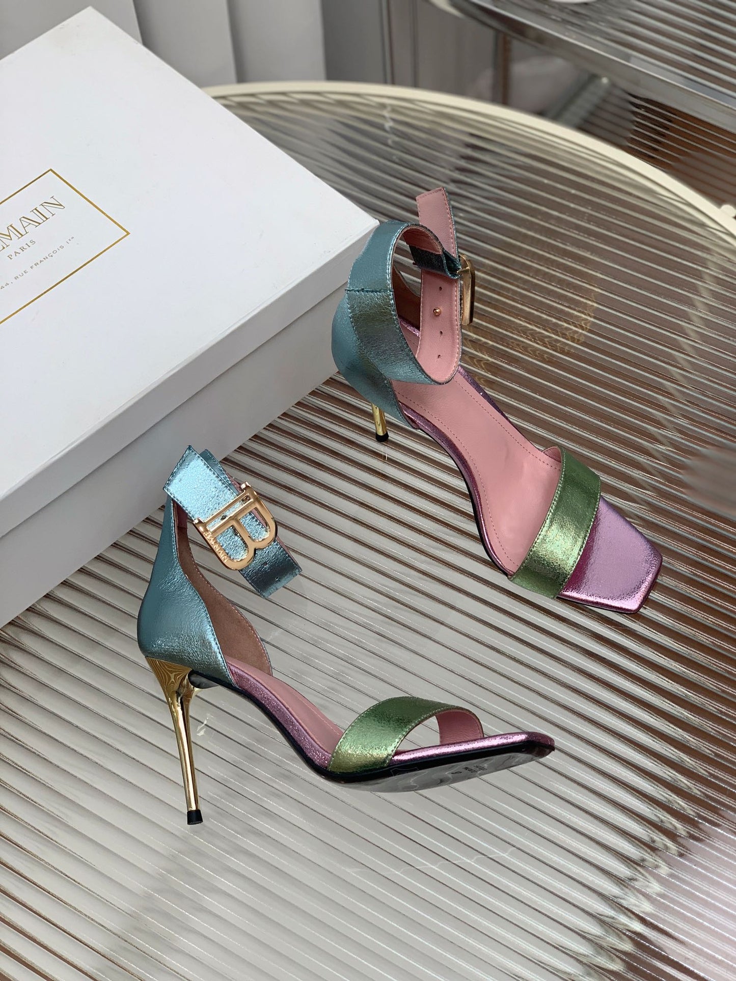 BALMAIN 25S B STRAP HIGH HEEL SANDALS 95MM IN MULTICOLOR CALFSKIN - 35