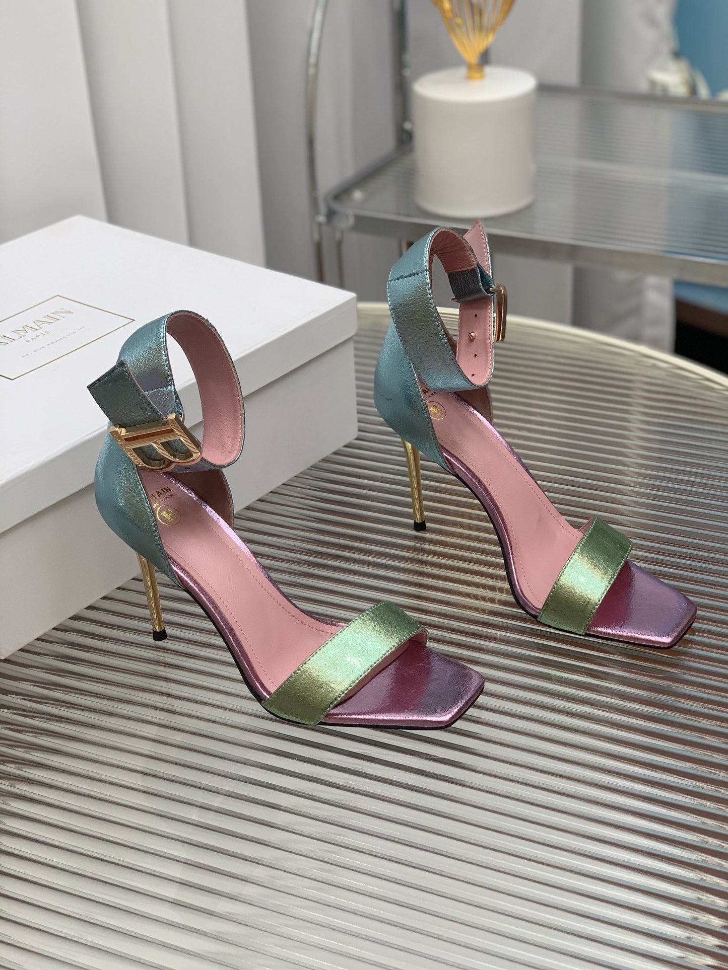 BALMAIN 25S B STRAP HIGH HEEL SANDALS 95MM IN MULTICOLOR CALFSKIN - 35