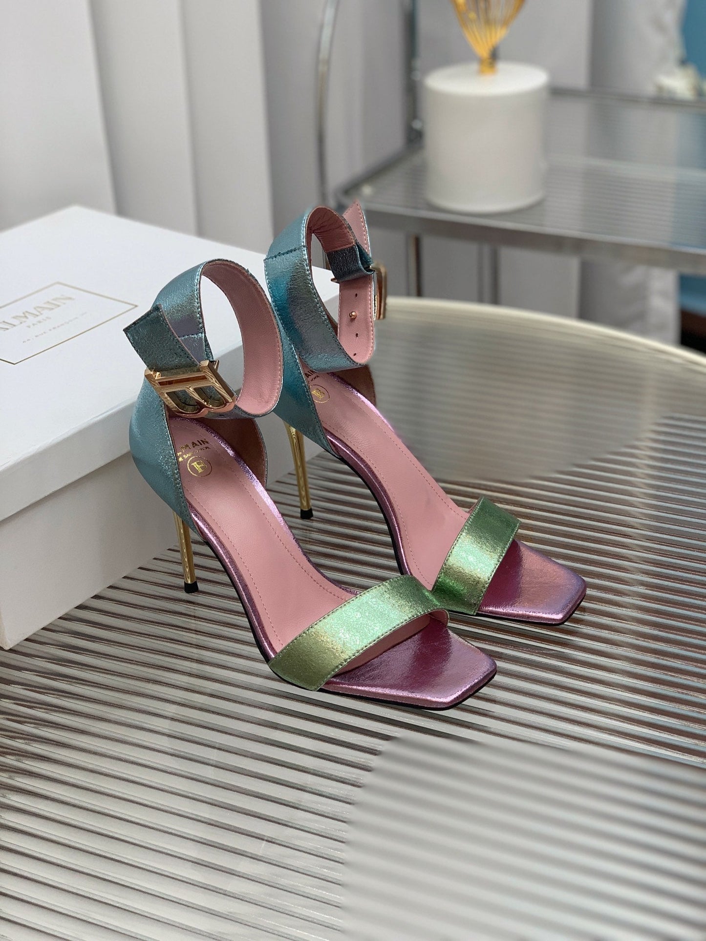 BALMAIN 25S B STRAP HIGH HEEL SANDALS 95MM IN MULTICOLOR CALFSKIN - 35