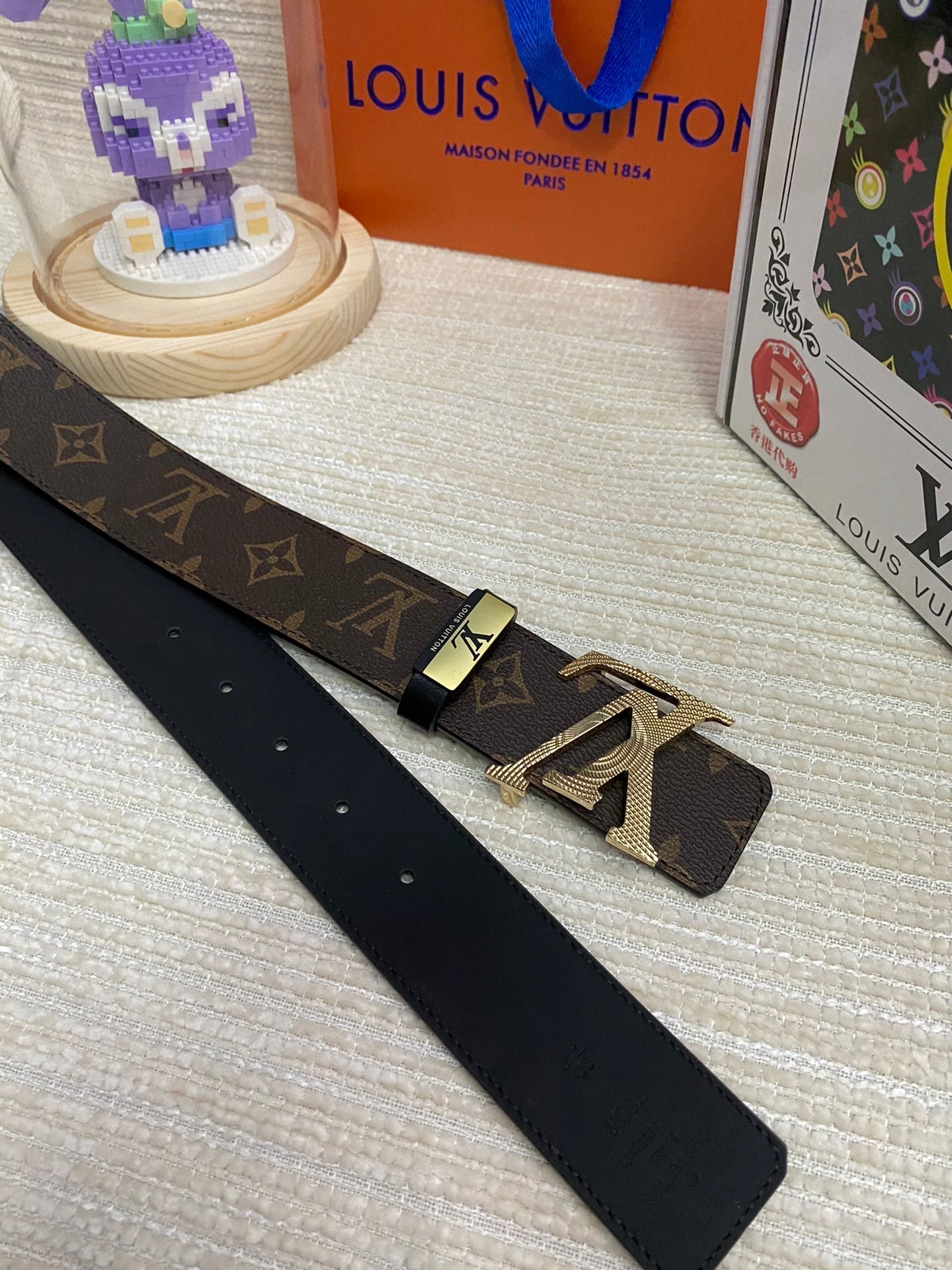 LV 25S BELT 38 MM IN DARK BROWN CALFSKIN PRINT PATTERNS 593286 - 26-28