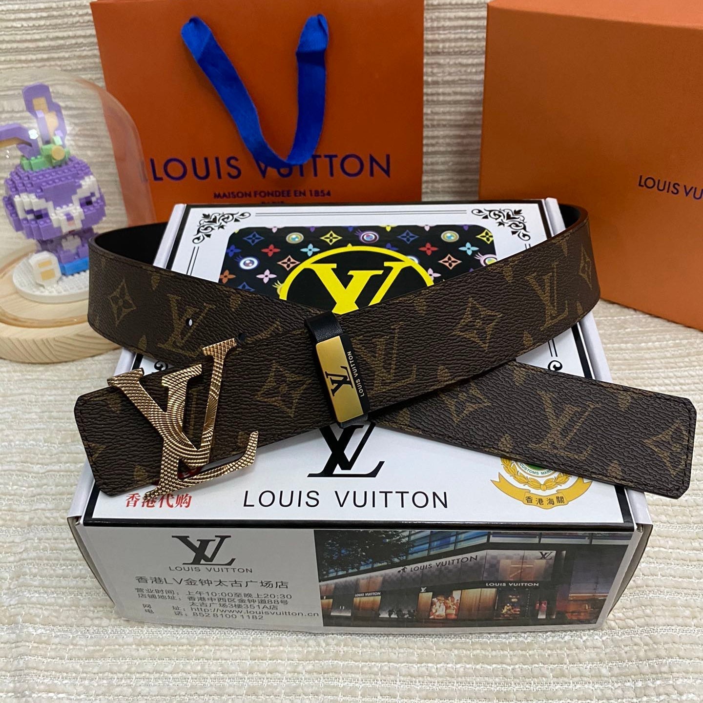 LV 25S BELT 38 MM IN DARK BROWN CALFSKIN PRINT PATTERNS 593286 - 26-28
