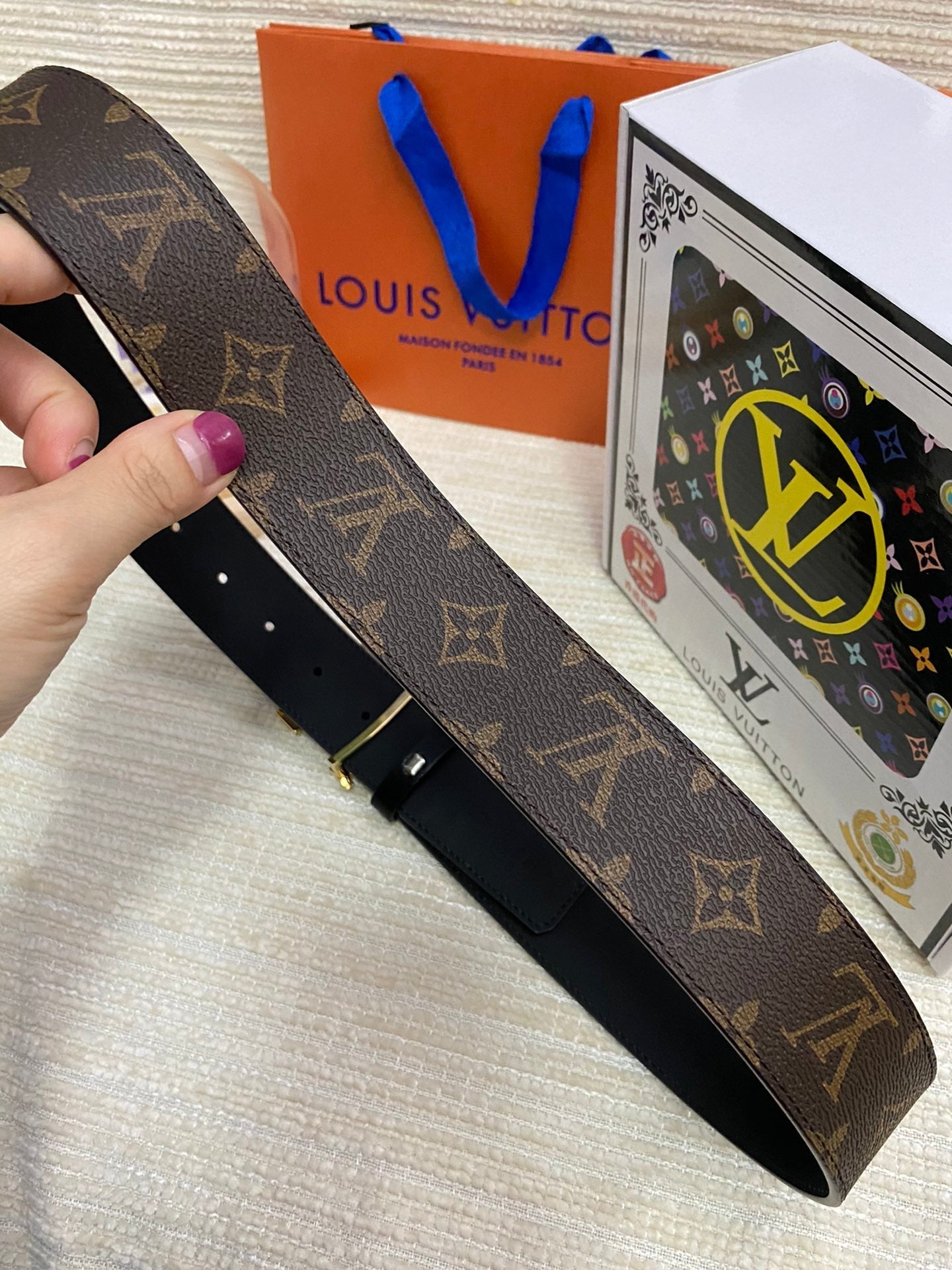 LV 25S BELT 38 MM IN DARK BROWN CALFSKIN PRINT PATTERNS 593286 - 26-28