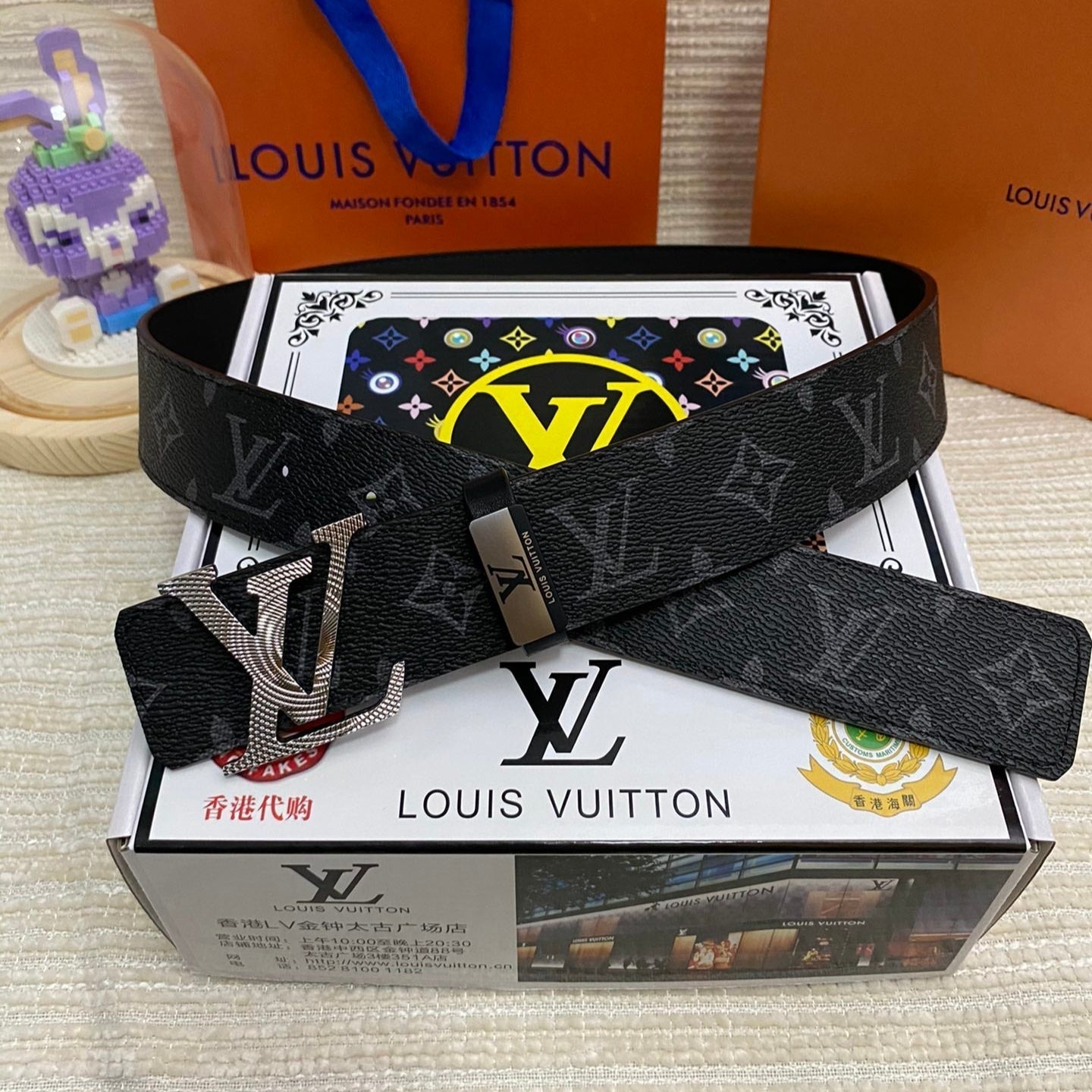 LV 25S BELT 38 MM IN BLACK CALFSKIN PRINT PATTERNS 593287 - 26-28