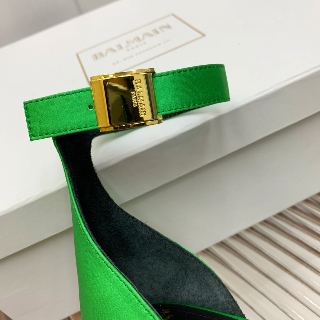 BALMAIN 25S KNOTTED HIGH HEELS 95MM IN KELLY GREEN SATIN - 35