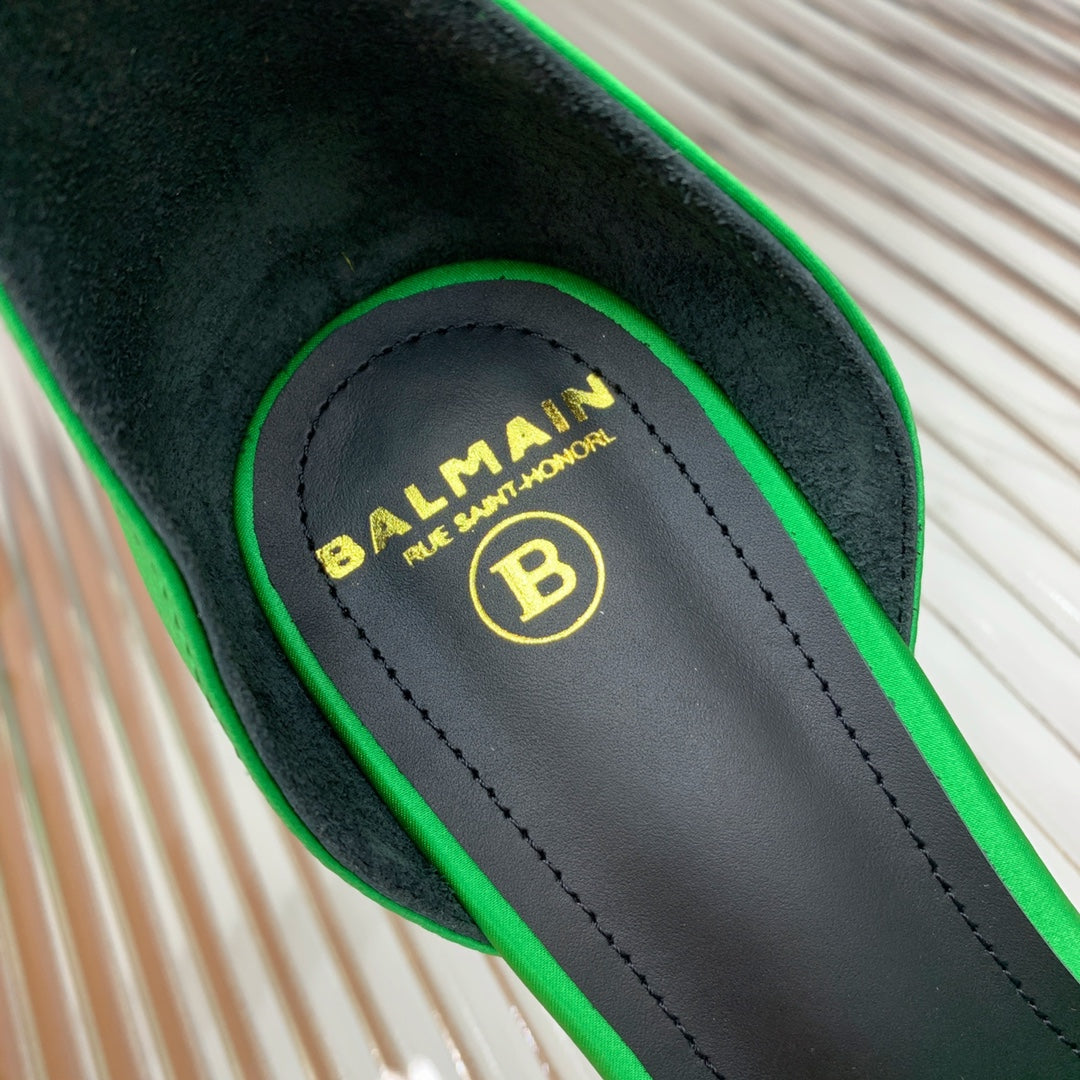 BALMAIN 25S KNOTTED HIGH HEELS 95MM IN KELLY GREEN SATIN - 35