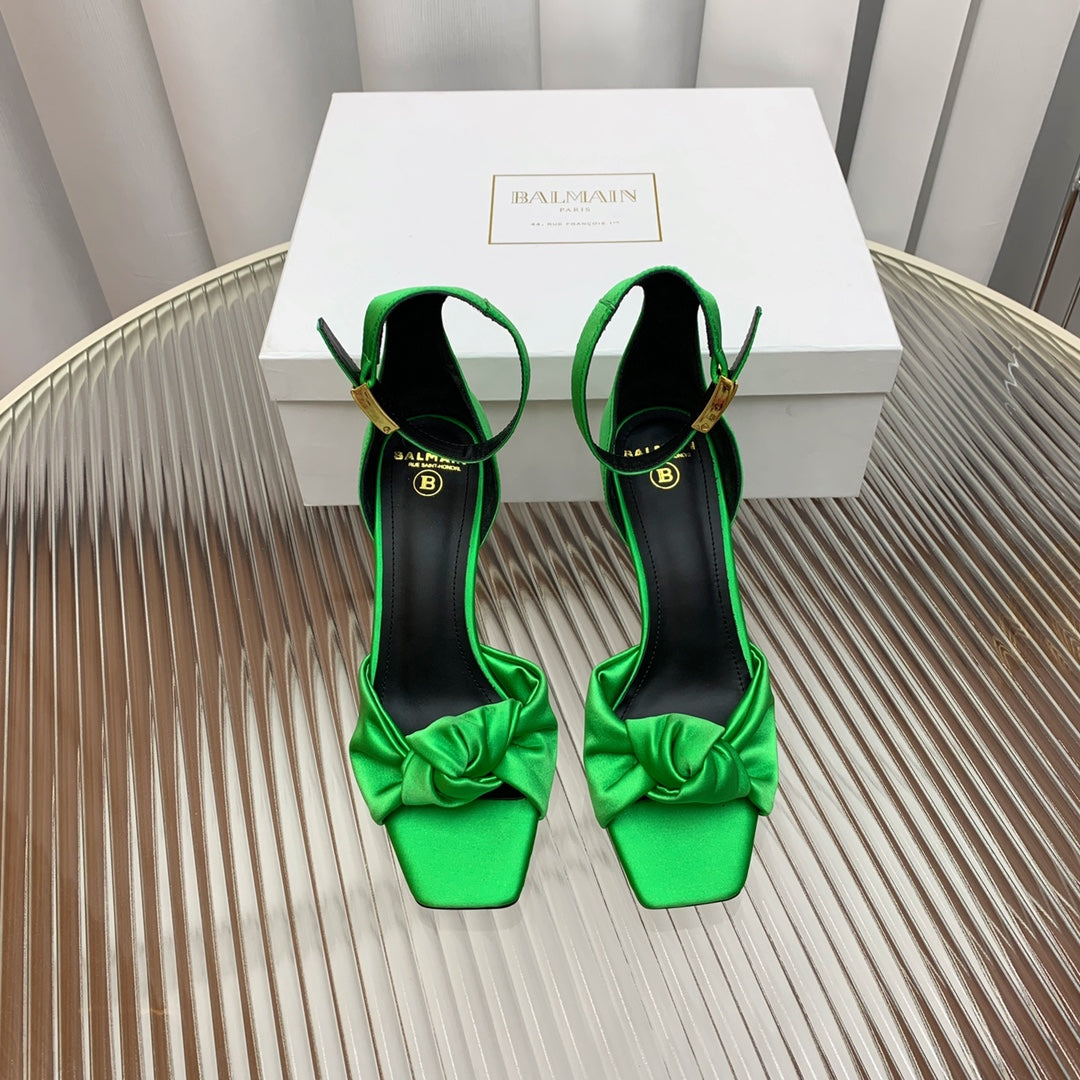 BALMAIN 25S KNOTTED HIGH HEELS 95MM IN KELLY GREEN SATIN - 35